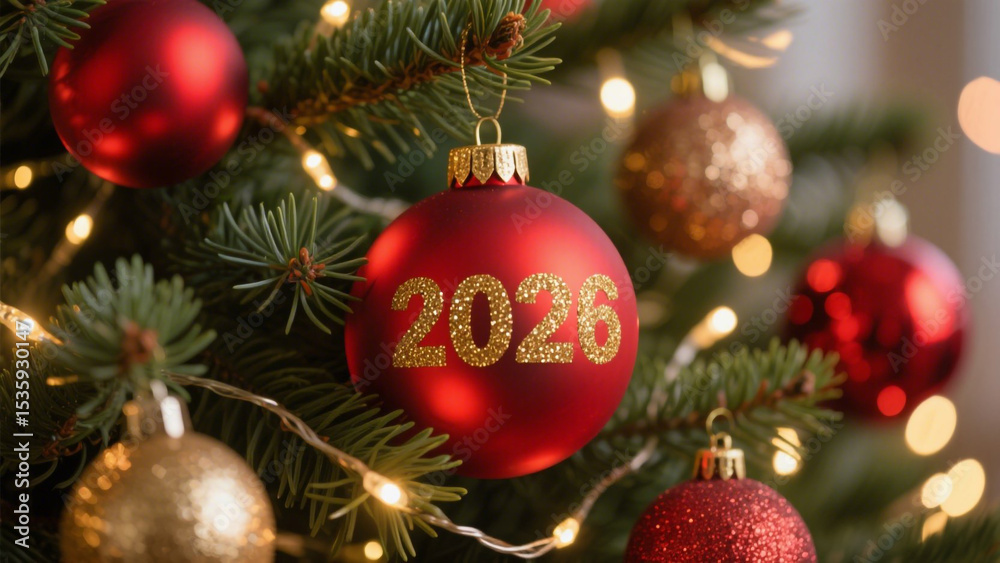 Fototapeta premium A festive, warm holiday scene featuring a vibrant red Christmas ornament with the year 2026 written in sparkling gold glitter. Happy New Year, Happy New Year 2026, Merry Christmas And Happy New Year