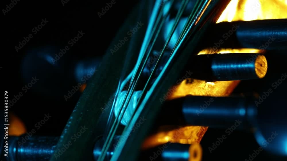 A cinematic rack focus travels down the strings of a traditional ethnic lute, possibly an Oud. Moody blue and orange lights create a mysterious, artistic closeup.