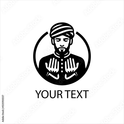 Vector Logo of Muslim Man Praying with Open Hands Showing Five Fingers – Islamic Prayer Pose in Traditional Clothing on White Background