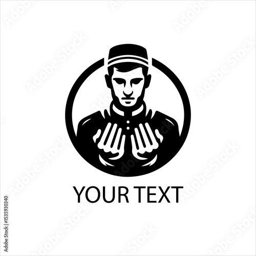 Vector Logo of Muslim Man Praying with Open Hands Showing Five Fingers – Islamic Prayer Pose in Traditional Clothing on White Background