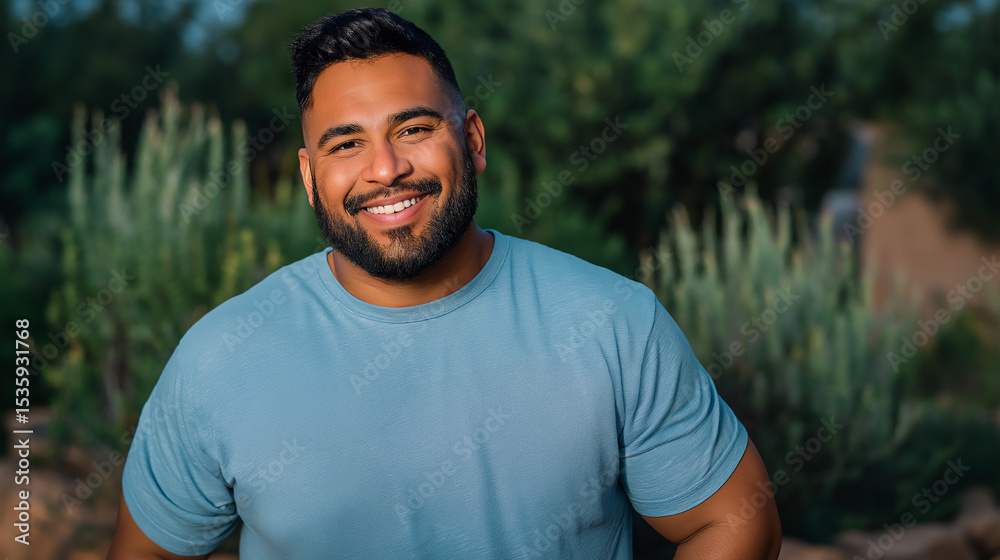 Handsome and smiling Hispanic young man standing outdoors in park setting, copy space Handsome and smiling Hispanic young man standing outdoors in park setting, copy space