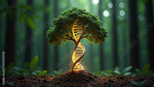 A conceptual visualization of a tree with a dna helix growing in a forest setting
