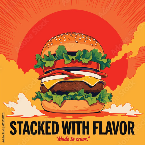 Delicious hamburger vector illustration featuring a juicy cheeseburger with fresh ingredients like tomato, lettuce, and cheese. Perfect for fast food menus, restaurant promotions, and food-related des