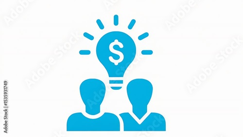 Teamwork generating financial ideas: Lightbulb with dollar sign above two people.