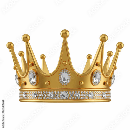 This high-quality 3D rendering features a gold-tone crown with a polished metal surface, decorated with numerous clear gemstones and spherical gold beads, suitable for vector use.