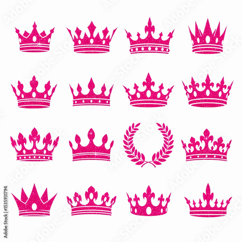 This high-quality vector image features sixteen sparkly, glittery bright pink crowns and a laurel wreath in a grid, showcasing varied styles and ornamental details, all with fine details.