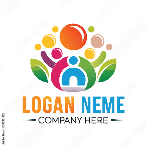 Colorful logo with stylized people and leaves, surrounded by bubbles