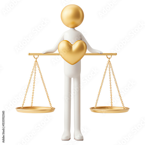 3d justice and fairness concept 3d justice figure with heart balance, golden law and fairness symbol, ethical decision cartoon icon heart balance symbol for ethical law