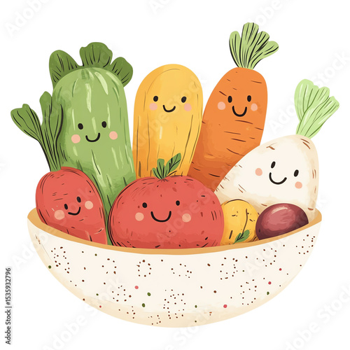 pastel cartoon vegetable character set cute vegetable bowl illustration, smiling cartoon veggies in pastel style, healthy food for kids healthy food illustration for kids education