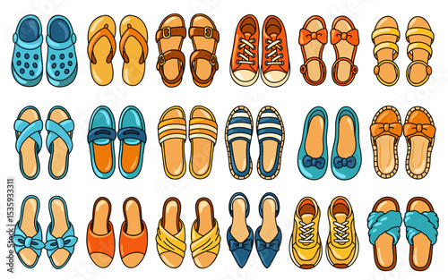 Cartoon female footwear set, top view. Colorful women pair of shoes, different types. Vector isolated illustration 