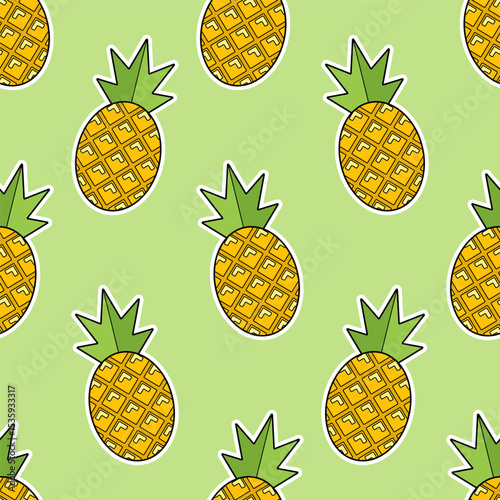 Cartoon seamless pattern of pineapples isolated on green background.