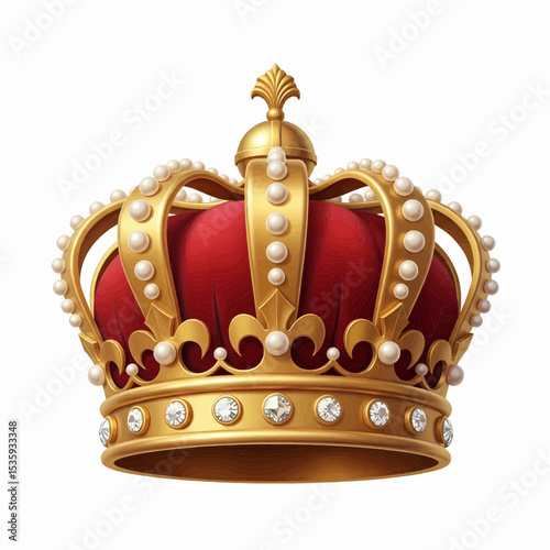 This high-quality digital rendering features a golden crown with a polished band, arches, pearl-like spheres, and deep red velvet, all with fine details and suitable for vector use.