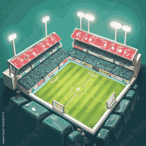 Isometric 3D Vector Illustration of City Buildings, Factories, Sports Fields, and Business Architecture Featuring Football, Soccer, Billiards, and Energy Industry Elements in a Vibrant Urban Scene


