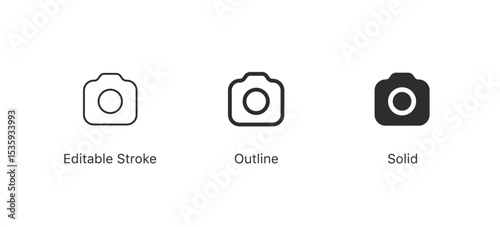 Camera icons in editable stroke, outline, and solid, flat style. for photography, social media, web, and app interfaces