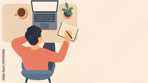 Flat Style Illustration of Remote Work Scene from Above with Copy Space