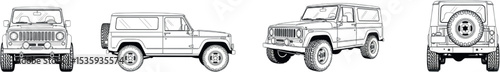 Vintage Four-Wheel Drive Car Illustration – Front, Side, Rear, and 3/4 Perspective in B&W


