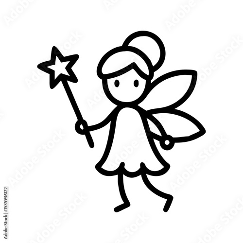 Playful fairy holding a magic wand with wings in a simple design, icon, vector  