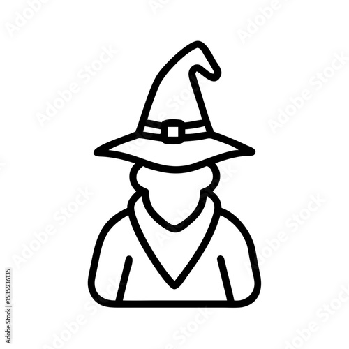 Wizard wearing a pointed hat and cloak in a minimalist outline style, icon, vector  