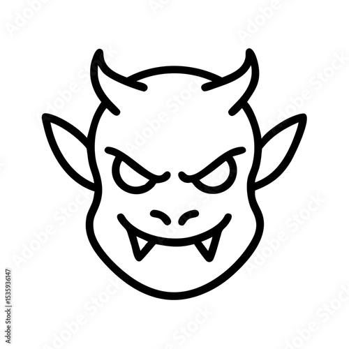 Cartoon troll face with horns and sharp fangs in line art style, icon, vector  