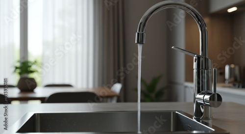 Modern kitchen with polished chrome faucet pouring water into stainless steel sink, natural light through sheer curtains, soft ambiance, potted plant and wooden table in background.