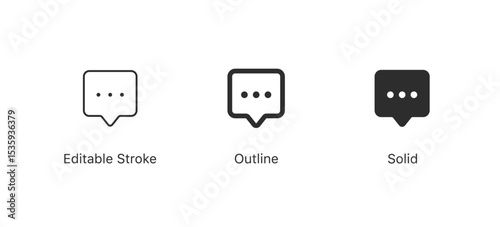 Message Chat, speech bubble icon . chat typing indicator icons with three dots in editable stroke, outline, and solid styles. Minimal vector design for messaging, communication, apps, social media