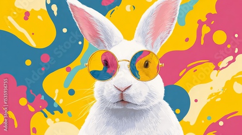 Cool White Rabbit Wearing Trendy Round Sunglasses Vibrant Yellow Pink Blue Abstract Background Artistic Digital Illustration Fun Happy Easter Bunny Portrait Modern Graphic Design  