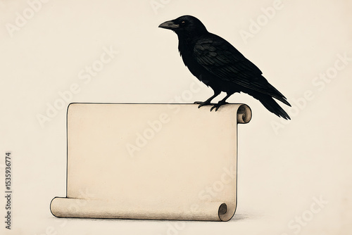 Minimalist Illustration of a Black Raven Standing on an Old Scroll with Copy Space