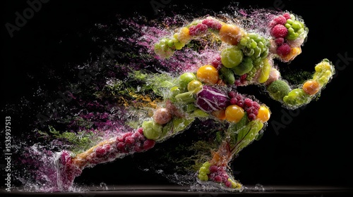Healthy Lifestyle Runner Fruit Vegetable Body Splashing Water Dynamic Energy Fitness Nutrition Diet Food Wellness Active Sport Exercise Power Strong Fresh Vibrant Colorful art ripe