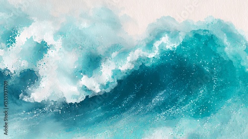 Abstract Watercolor Ocean Wave Teal Blue Green White Splashes Artistic Painting Digital Design Background Texture Modern Illustration Fine Art Print Coastal Nature Scene Tranquil  