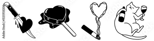 Heart with Knife, Melting Heart Ice Cream, Cigarette Smoke Forming Heart, Rat Holding Wine Glass. Broken Heart, Sarcastic Romance, Emotional, Irony in Love, Relationship