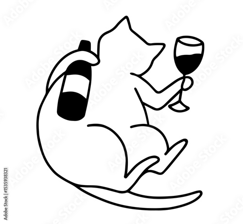 Cat Lying on Back Holding Wine Bottle and Glass – Girls’ Wine Night Fun, Drunken Cat Illustration for Party Invites and Social Media