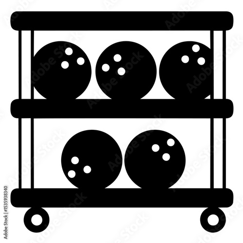 Silhouette of Bowling Balls on Storage Rack with Wheels, Equipment for Bowling Alley, Recreational Sport, Team Competition, Leisure Activity, Entertainment Venue and Indoor Game