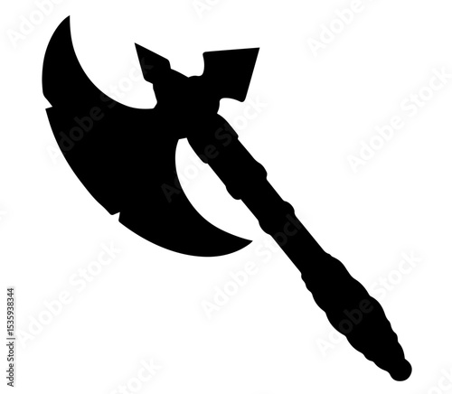 Silhouette of Double-Headed Battle Axe with Ornate Handle, Medieval Weapon Symbol, Ancient Warfare, Fantasy Armory, Combat Equipment, Historical Arms, Warrior Tool and Decorative Weaponry

