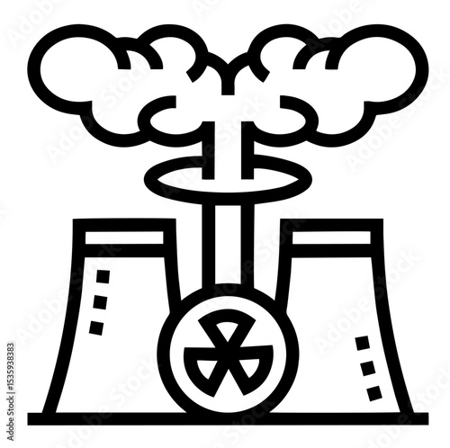 Silhouette of Nuclear Power Plant with Cooling Towers, Radiation Symbol, Steam Emissions, Atomic Energy Generation, Nuclear Reactor Operation, Radioactivity, Electricity Production, Nuclear Industry

