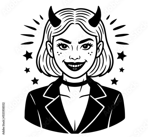 Cool Devil Girl Evil Woman from Hell with Horns in Jacket