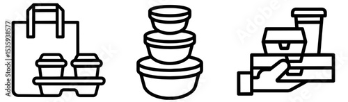 Takeout Food Packaging Showing Paper Bag with Drink Cups, Stackable Bowls and Delivery Containers for Food Delivery, Portable Meal Storage and Restaurant App Design