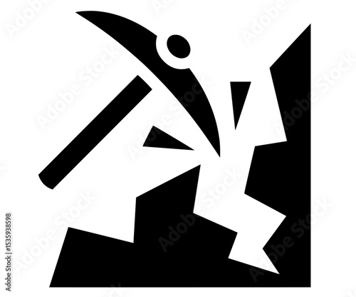 Silhouette of Pickaxe Striking Rock Surface, Mineral Extraction, Quarry Work, Geological Exploration, Heavy Industry, Resource Development, Mining Engineering, Excavation