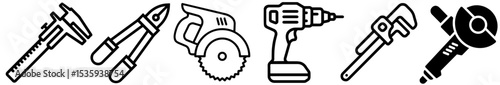 Set of Construction and Repair Tool Icons Including Caliper, Pliers, Circular Saw, Drill, Pipe Wrench and Angle Grinder on White Background for Industrial Work