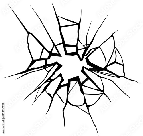 Shattered Glass with Cracks and Sharp Fragments, Broken Window Illustration Representing Damage, Destruction, Danger and Fragility