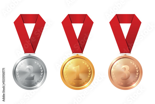 Gold Silver Bronze Medal Set Realistic Vector Icons with Red Ribbon for Winner Award, Achievement Badge, Prize Ceremony, Sport Competition Trophy, Champion Symbol Isolated on White