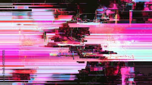 Digital glitch art with vibrant colors and horizontal lines.