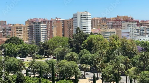 Malaga, Spain - aerial view of Malaga city and beach from Alcazaba, tall office buildings and hotels
