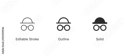 incognito icon spy symbol with a hat and glasses | anonymity icon | private browsing or browser web sign icon in Line, outline, solid, editable stroke