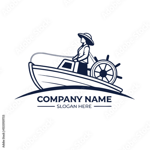 Woman steering a boat, vintage style logo