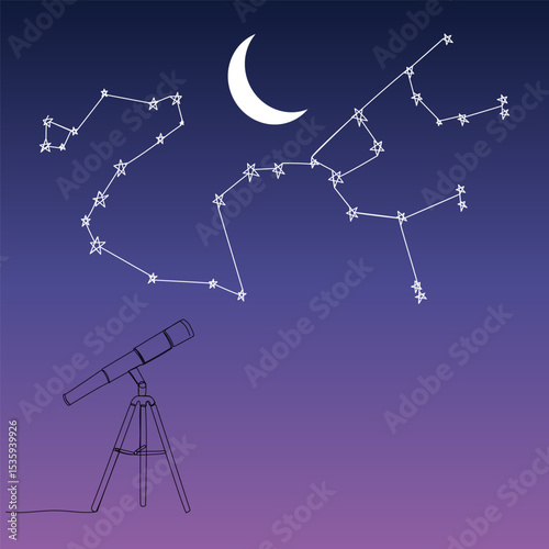 Continuous one line drawing of a telescope and starry sky. Concept of stargazing. Vector illustration 