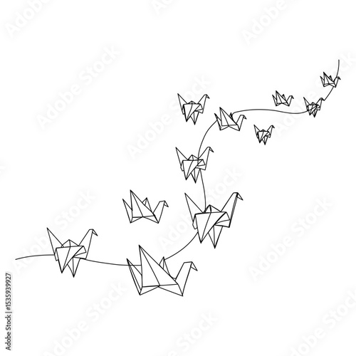 Continuous one line drawing of paper cranes. Vector illustration 