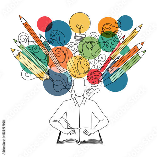 Continuous one line drawing of a person with a sketchbook, lightbulb and pencils flying over his head. Line art concept of creative process, imagination and inspiration. Vector illustration 