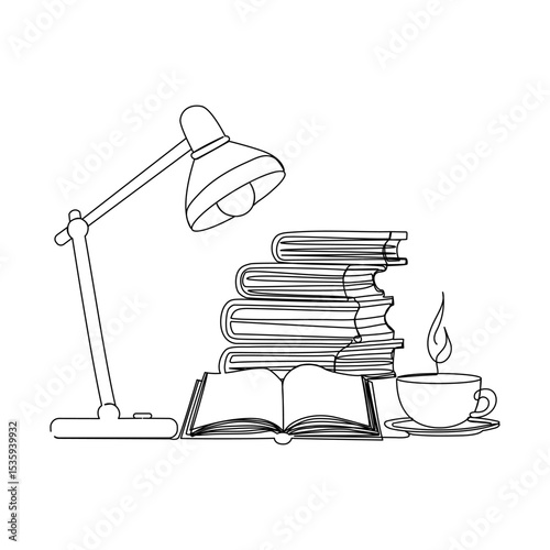 Continuous one line drawing of lamp, books and cup of coffee. Concept of education, self-development. Vector illustration 