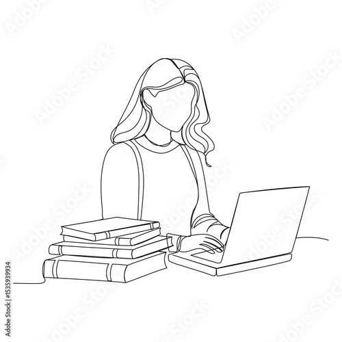 Continuous one line drawing of a woman with laptop and books. Vector illustration 