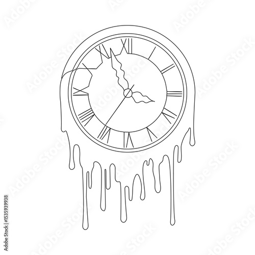 Continuous one line drawing of clock with melting dial. Concept of time. Vector illustration 